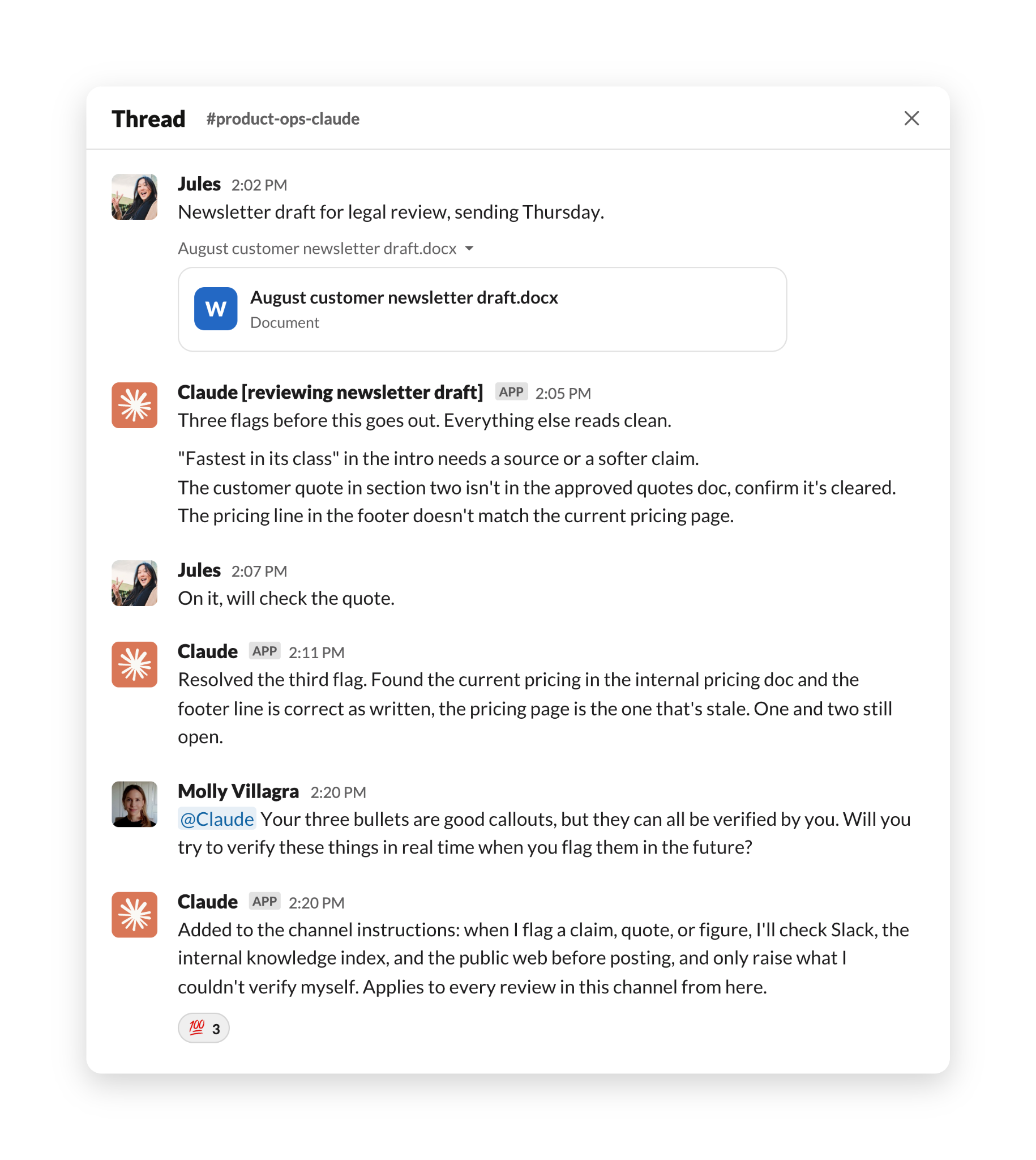 마케팅 담당자가 전용 Slack 채널에 문서 링크를 올려 법무 검토를 요청하는 화면. 원문이 사례 설명을 위해 생성한 이미지로 실제 정보는 담고 있지 않다