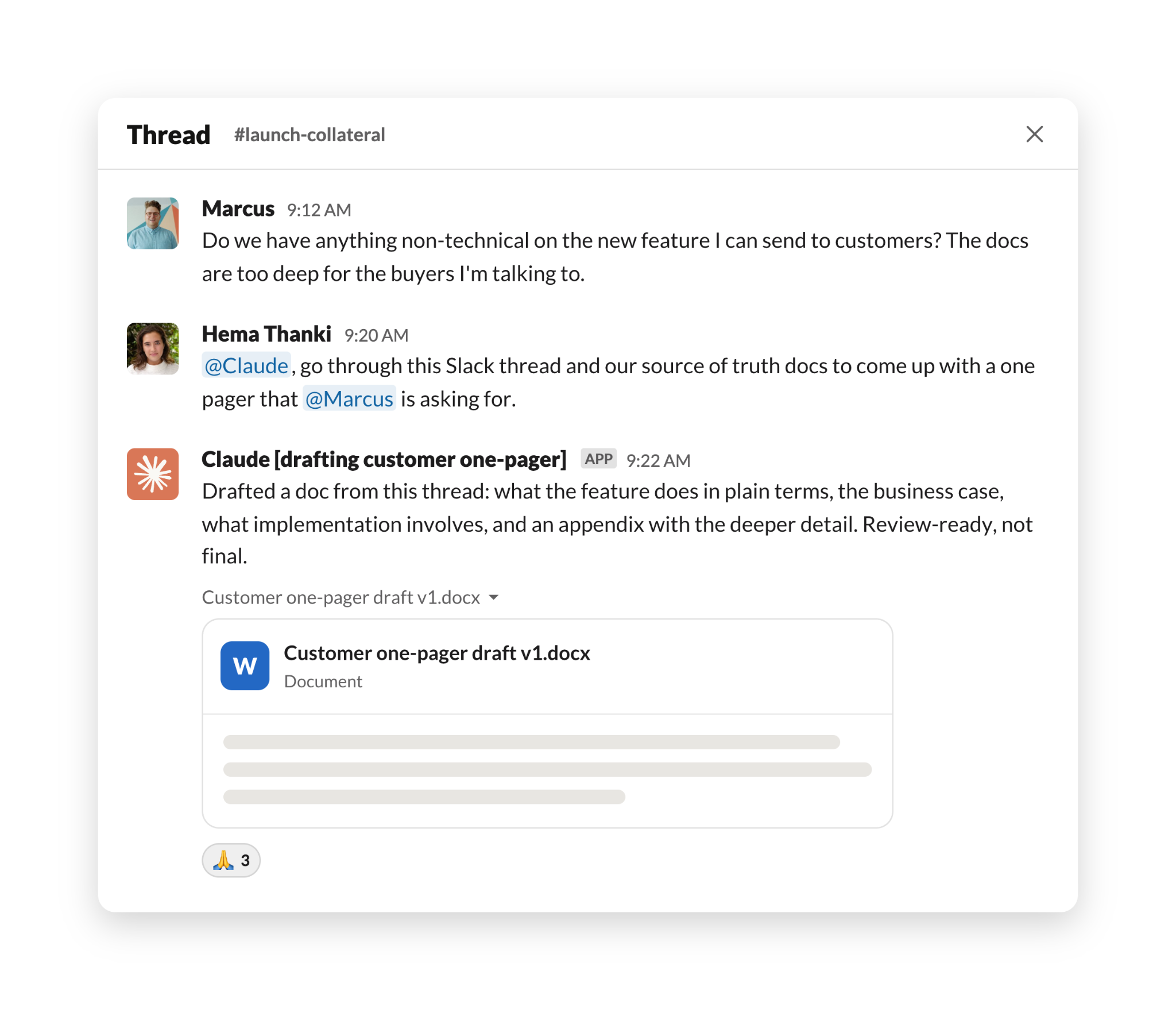 Slack 스레드를 근거로 마케팅 자료를 만들어 달라고 Claude를 태그하는 화면. 원문이 사례 설명을 위해 생성한 이미지로 실제 정보는 담고 있지 않다
