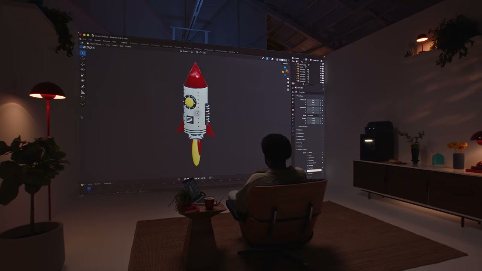 Blender에서 로켓 3D 모델을 만든 장면